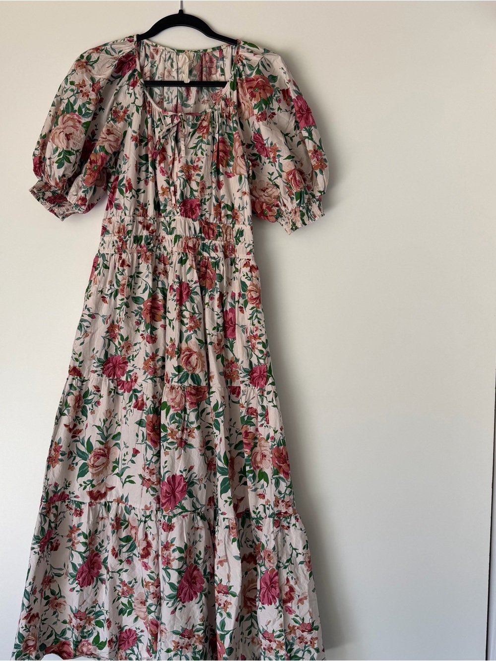 Anthropologie Somerset Pink Floral Smocked Puff Sleeve Tiered Midi Dress - Picture 4 of 5